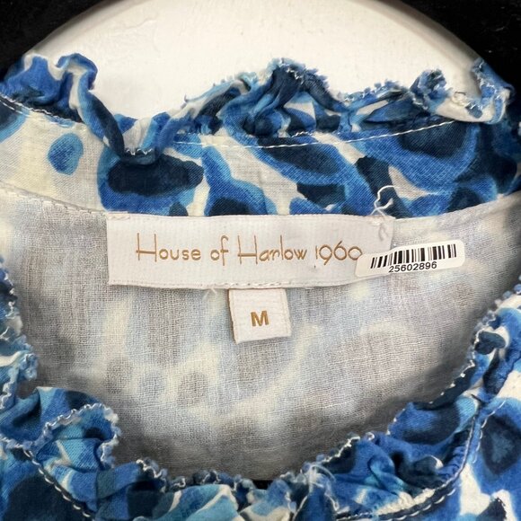House of Harlow 1960 Eyelet Ruffle Dress Blue White Floral Button Down Medium - Picture 2 of 5